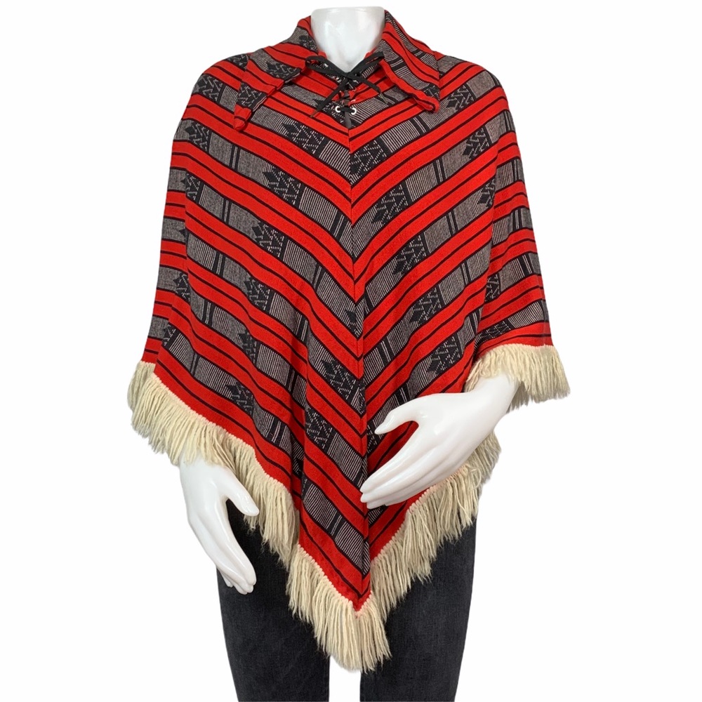 ❤Authentic VTG 1970s Geometric Print Fringed Poncho❤